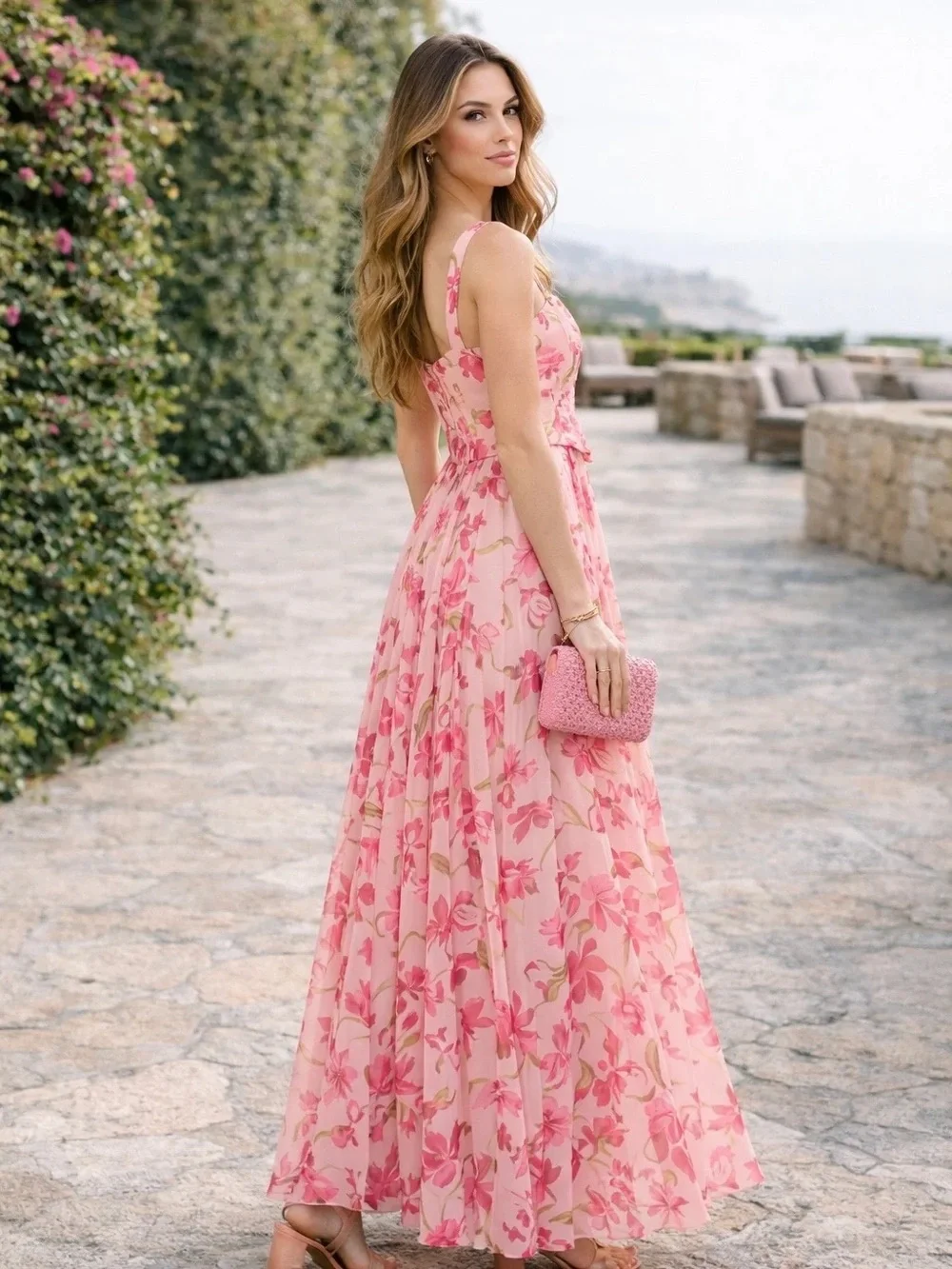 Floral Pink Maxi Dress with Spaghetti Straps